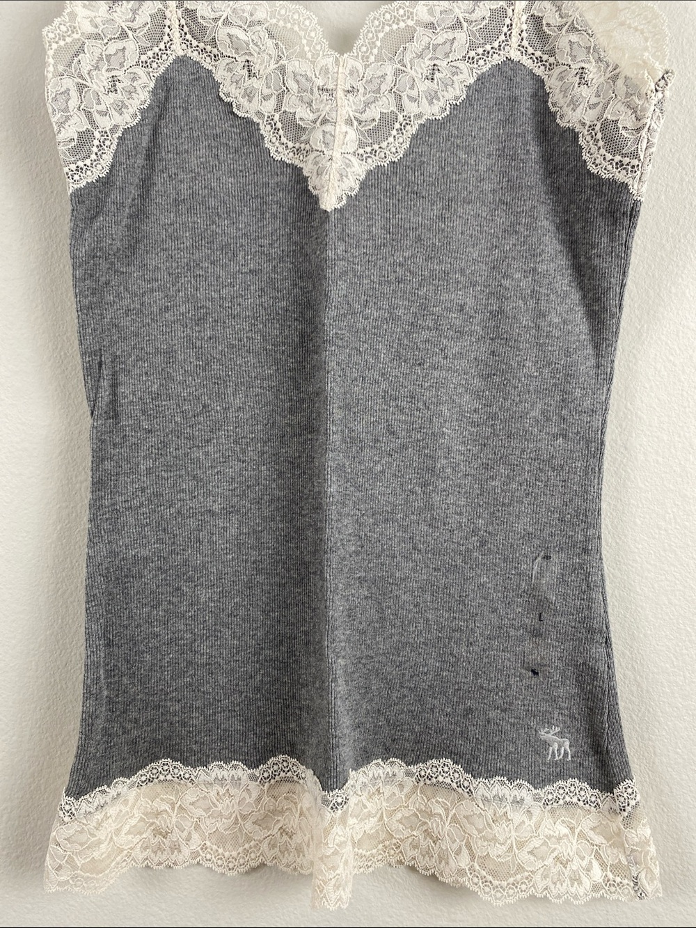 Abercrombie & Fitch Lace Embroidered Ribbed Camisole/Tank Top | Gray/Ivory - Picture 4 of 16